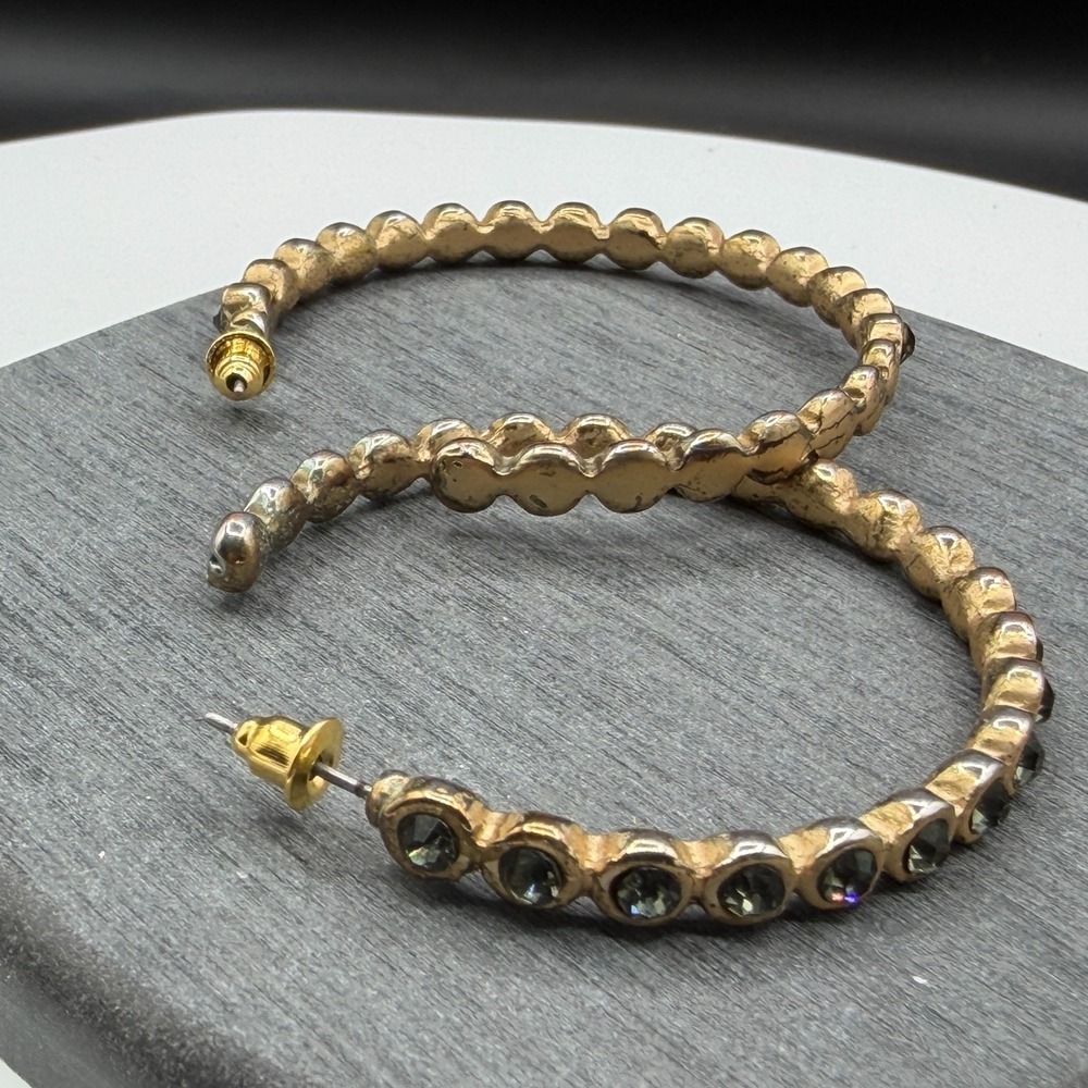 Gold Tone Smoky Gray Rhinestone Large Hoop Earrings Statement Costume Jewelry
